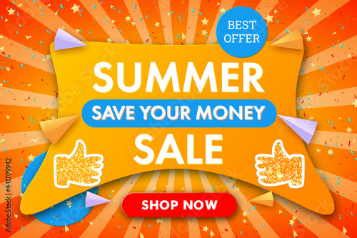 Summer sale modern horizontal banner background with confetti. Banner template for discount, business, advertisement, promotion. Blue,red, yellow color. Stock vector illustration on sunbeam background
