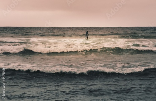 surfer girl paddles upright on her board after a good wave in the sea practicing paddleboarding © Eusebio Torres