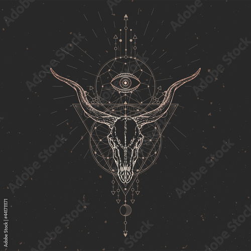 Vector illustration with hand drawn Antelope skull and Sacred geometric symbol on black vintage background. Abstract mystic sign.