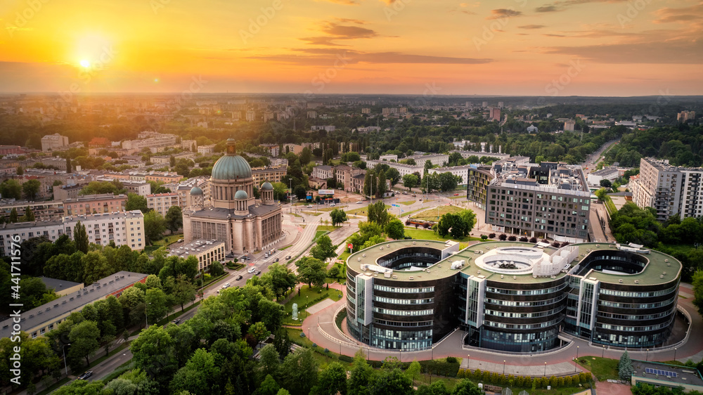 Aerial view of city of  Lodz in Poland during sunset - obrazy, fototapety, plakaty 
