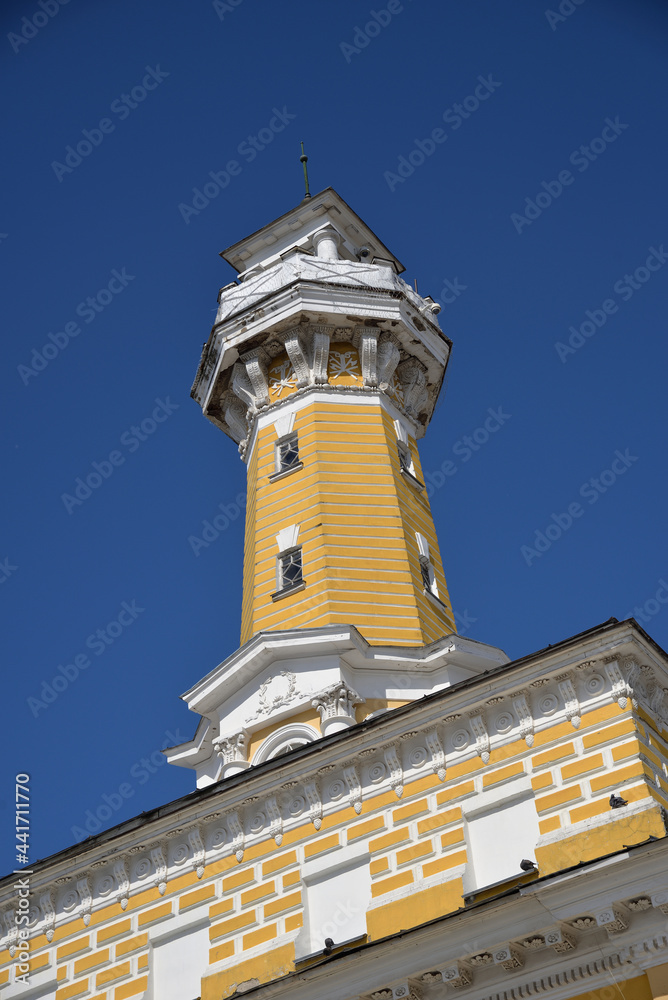 Fire tower is outstanding architectural monument of classicism era on central Susaninskaya square, Golden Ring of Russia Kostroma, Russia Fire tower is outstanding architectural monument of classicism era on central Susaninskaya square, Golden Ring of Russia Kostroma, Russia