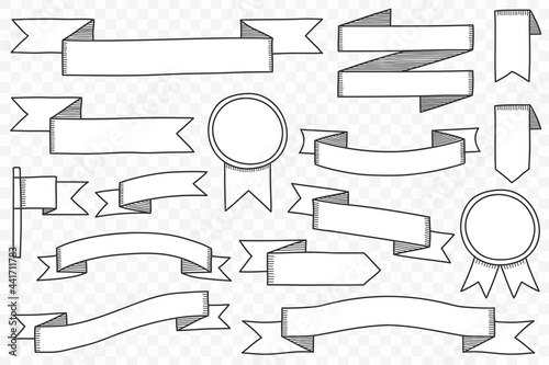 Set of white hand drawn ribbon banners on transparent background