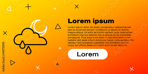 Line Cloud with rain and moon icon isolated on yellow background. Rain cloud precipitation with rain drops. Colorful outline concept. Vector
