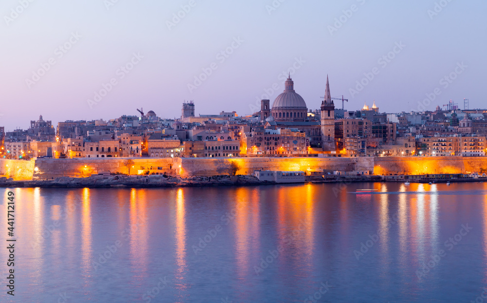 Valletta old town panoramic night view, Malta. Coastal landscape
