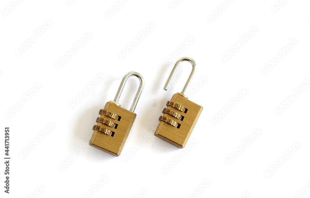 Unlocked Padlock and Combination Lock with Numbers on White Background, Unlocked Padlock and Combination Lock with Numbers on White Background,