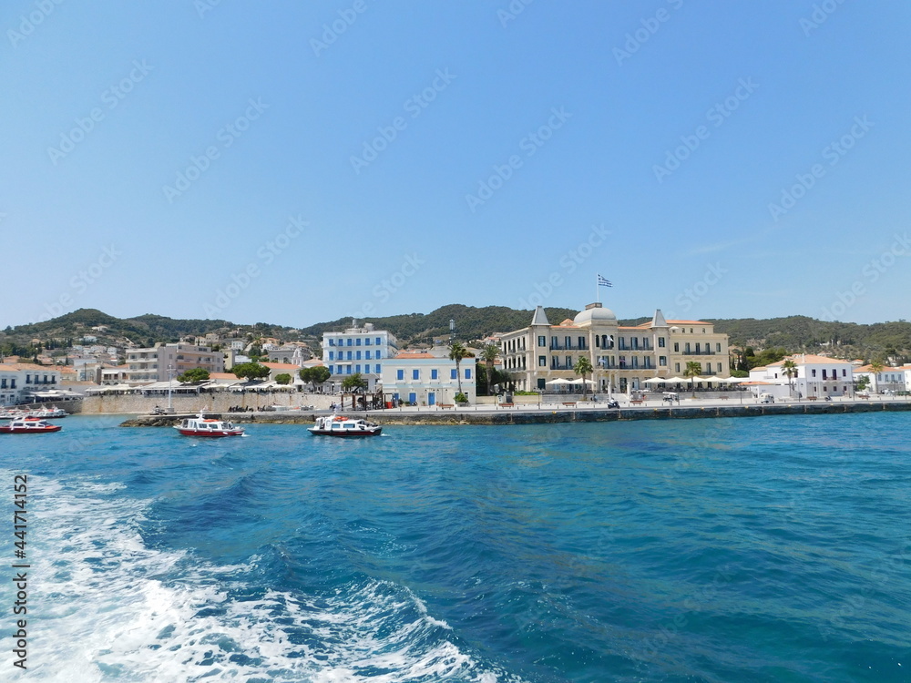 View of the coast of the island of Spetses, in Greece