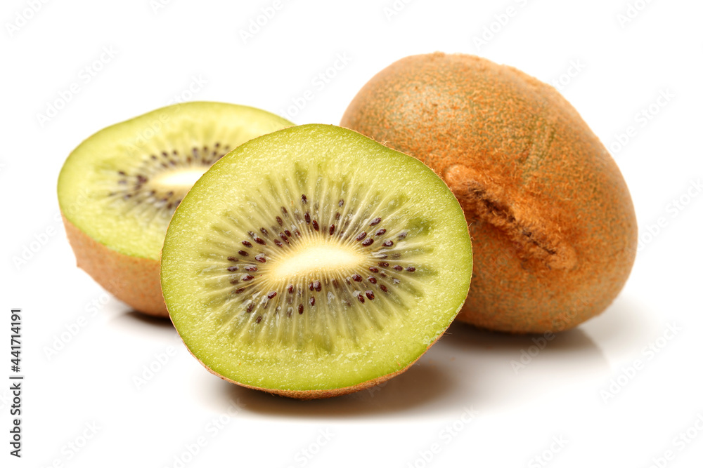 Whole and cut golden kiwifruit/ kiwi (Actinidia chinensis) on white background Whole and cut golden kiwifruit/ kiwi (Actinidia chinensis) on white background