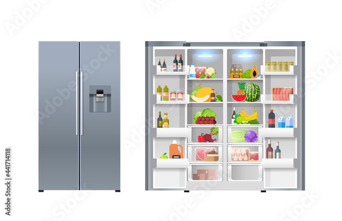 open and closed refrigerator fridge full of fresh food horizontal isolated