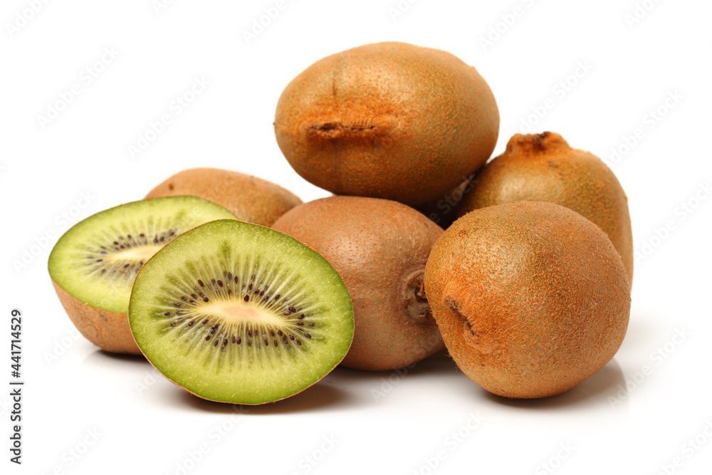Whole and cut golden kiwifruit/ kiwi (Actinidia chinensis) on white background Whole and cut golden kiwifruit/ kiwi (Actinidia chinensis) on white background