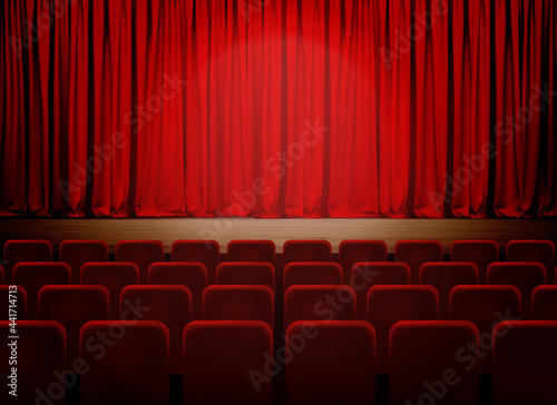 Empty theater stage with red velvet curtains. Vector illustration