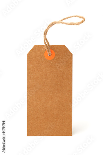 Blank tag tied with string. Price tag, gift tag, sale tag, address label on white background