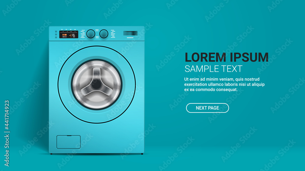 realistic washing machine front view of blue washer domestic appliance concept horizontal - obrazy, fototapety, plakaty 