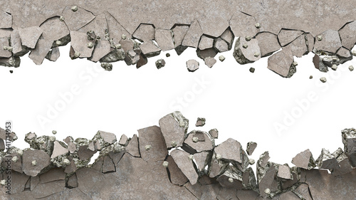 Fototapeta Naklejka Na Ścianę i Meble -  Concrete wall is broken up into the pieces, a horizontal breakdown on a white background, 3d illustration