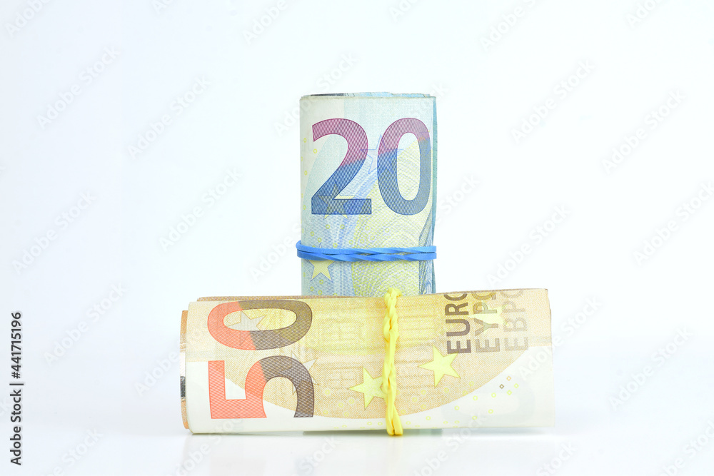 Twenty, and fifty, euro banknotes on white background. Twenty, and fifty, euro banknotes on white background.