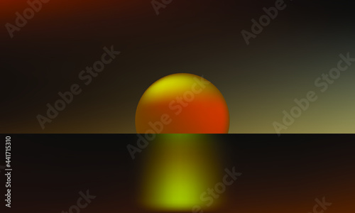 Vector infinite space background. Matrix of glowing stars with illusion of depth and perspective. Abstract cyber fiery sunrise over sea. Abstract futuristic universe on light blue background