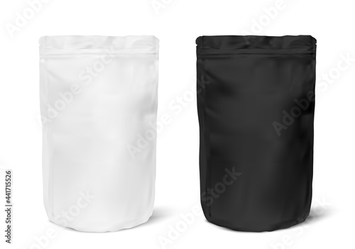 Realistic Zip Package mockups for advertising and presentation. Black and White tea Zip package mock-up for logo and brand design. Vector 3d illustration