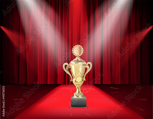 Gold cup on the red carpet with red curtains and spotlights. vector illustration