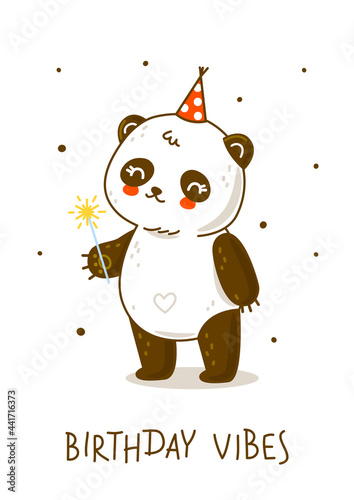 Cute panda bear with sparklers isolated on white - cartoon character for happy Birrthday design