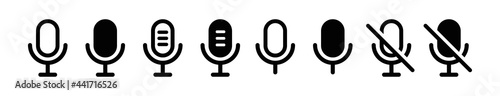 Microphone flat icon collection. Studio different simple icons set. Sound symbol. Retro button isolated. Audio podcast sign. 