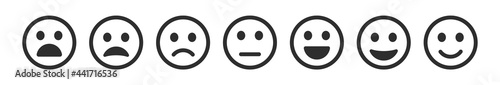 Emoticons icon set. Facial expression from positive to negative. Happy and sad face symbol. Simple basic black line vector icons.