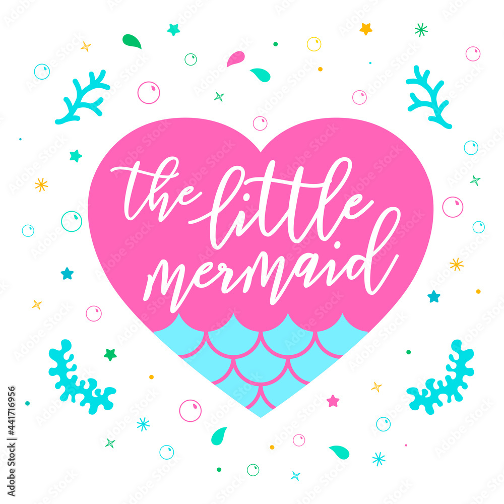 Little mermaid with heart. Vector cute illustration. Flat design template element. Fabric textile printing
