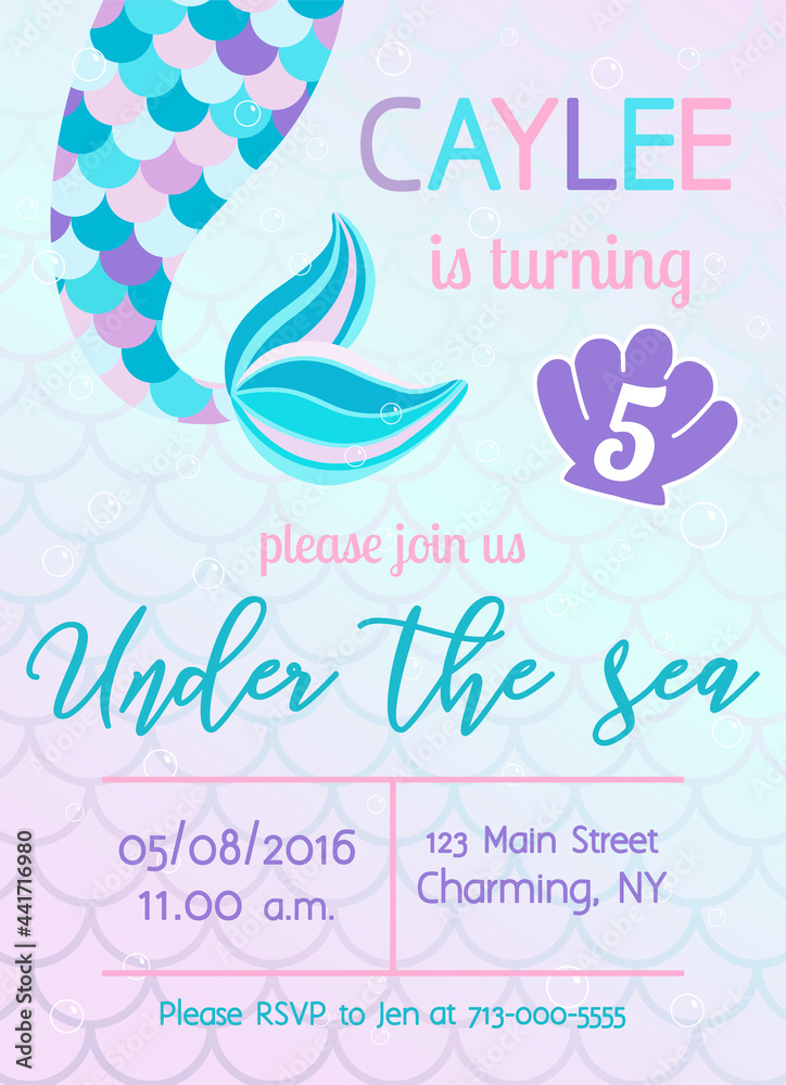 Naklejka premium Mermaid birthday invitation. Under the sea theme party. Vector illustration