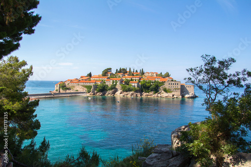 View of the island of Sveti Stefan, a luxury resort in Montenegro on the Adriatic Sea.