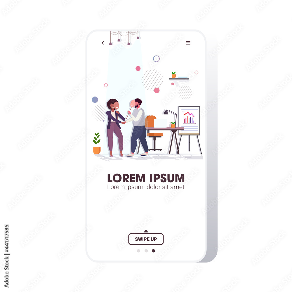 Fototapeta premium unhappy businesspeople covering face emotions behind positive mask insincerity in business