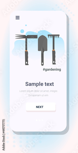 set different gardening tools various garden equipment rakes and shovel