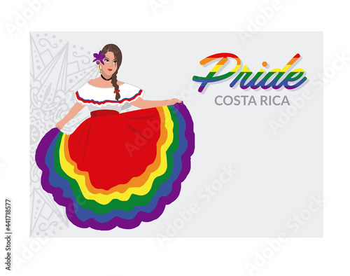 Editable banner for Costa Rica Pride Parade. LGBTQ. Marcha de la Diversidad.  Marcha Gay. Rainbow colors. Queer woman in traditional dress - Vectors (EPS)