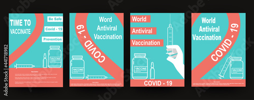 Poster Сover Time to vaccinate, vaccine and virus vaccination against covid - 19. Doctor hand with syringe with vaccine, bottle and vial with medicine against virus.