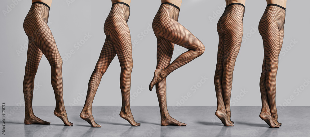 Foto de Composition with female legs in fishnet tights standing in profile  do Stock | Adobe Stock