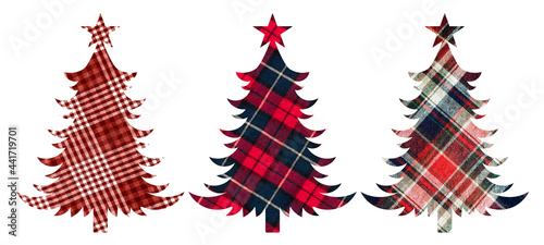 Christmas trees on a checkered red background. It can be used as a decorative element, magnets, stickers, cut out and turned into decorations, used as a figured postcard.