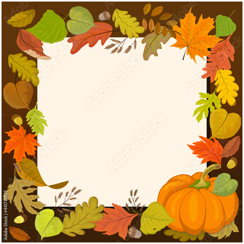Square autumn banner with a blank sheet of paper in the center and a frame of autumn leaves and pumpkin.