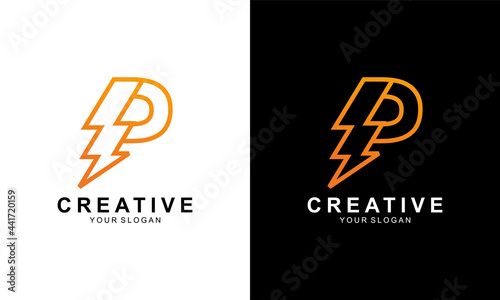 Ilustration vector graphic of abstract initial letter P Electric logo, letter P with thunder bolt lightning flash icon inside,
