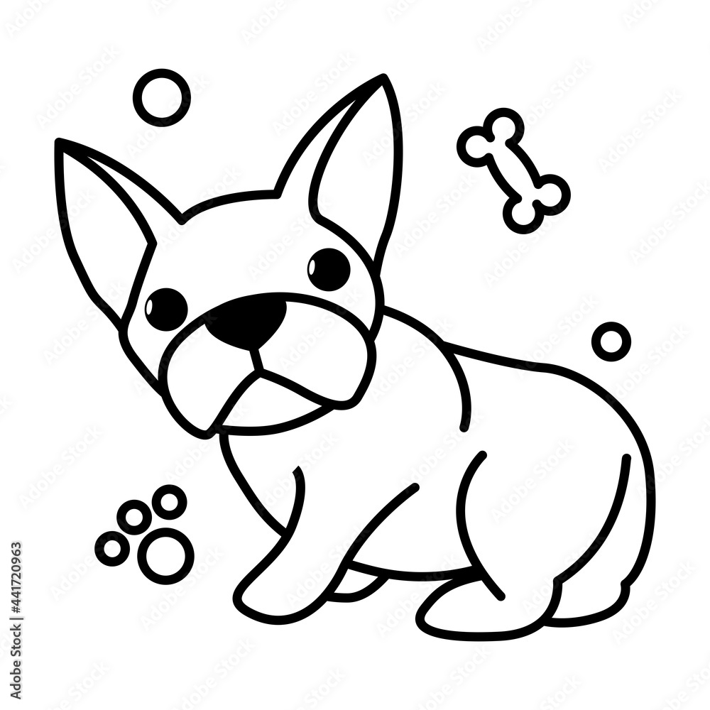 Black line vector illustration cartoon on a white background of a cute French Bulldog..