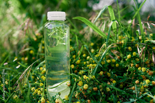 Bottle of water stands on the green tall grass among yellow wildflowers