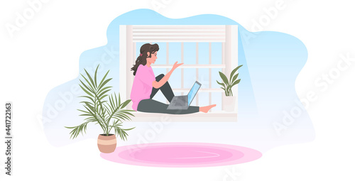 woman sitting on windowsill using laptop freelance concept moodern living room interior