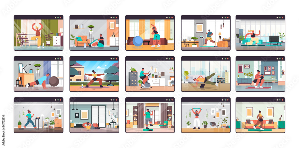 Fototapeta premium set people in web browser windows working out online training healthy lifestyle home sport concept