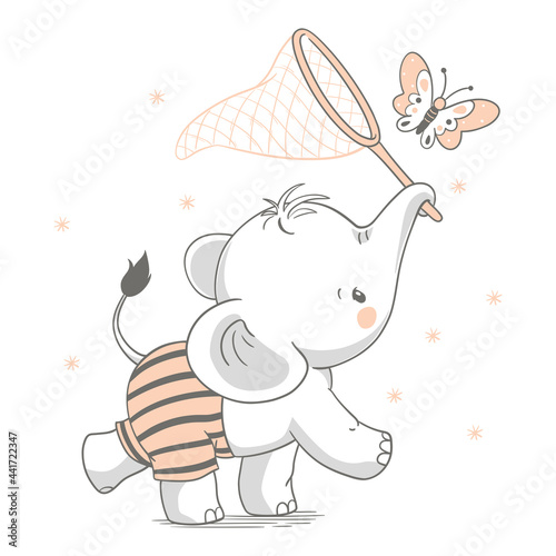 Cute baby elephant catching a butterfly with net, vector illustration.