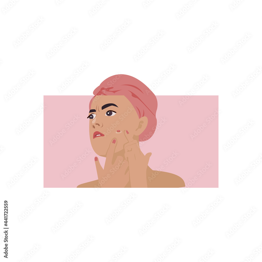 Side view of face young beautiful woman wrapped her hair in a pink cloth was frowning and squeezing a pimple. Vector isolate flat design concept for Beauty, skincare, makeup or cleaning banner card. Side view of face young beautiful woman wrapped her hair in a pink cloth was frowning and squeezing a pimple. Vector isolate flat design concept for Beauty, skincare, makeup or cleaning banner card.