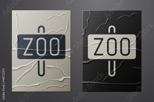 White Zoo park icon isolated on crumpled paper background. Paper art style. Vector