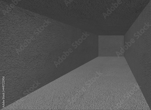 3D rendered illustration of an empty stone hall or garage room with concrete floor from a perspective angle with copy space