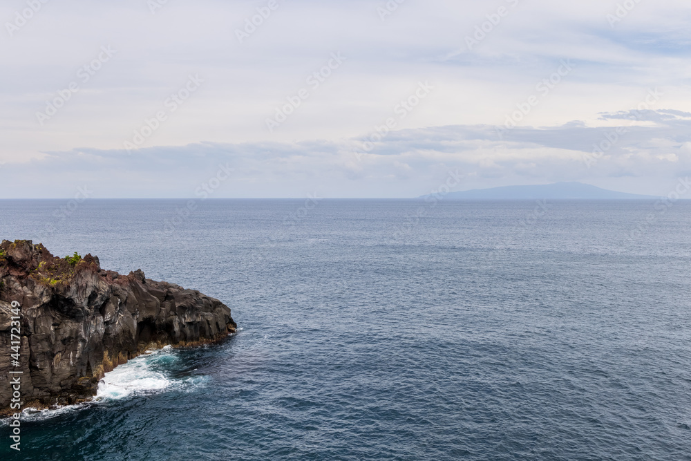 岩の岬と地平線に見える伊豆大島 岩の岬と地平線に見える伊豆大島