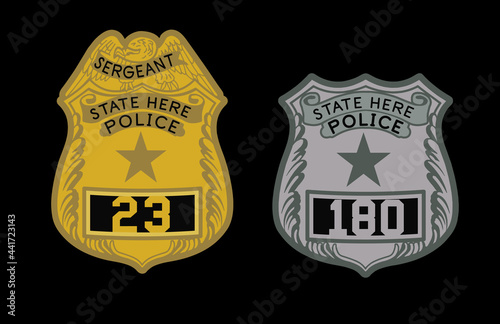 Police and Sergeant Badges with Eagle, Banners and numbers. Golden and Silver - Vectors (EPS)
