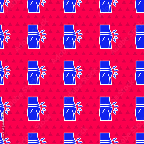 Blue Abdominal bloating icon isolated seamless pattern on red background. Constipation or diarrhea. Vector
