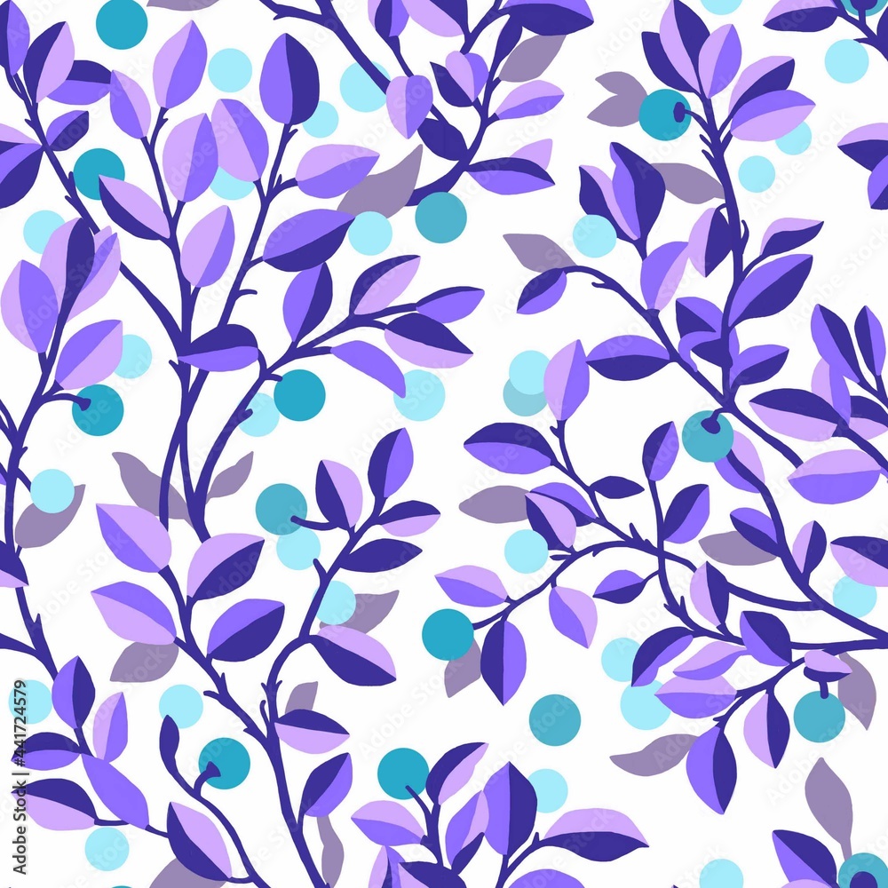 Delicate botanical seamless repeated pattern with lilac-purple twigs and blue berries on a white background. Stock illustration, image, artwork; design Delicate botanical seamless repeated pattern with lilac-purple twigs and blue berries on a white background. Stock illustration, image, artwork; design