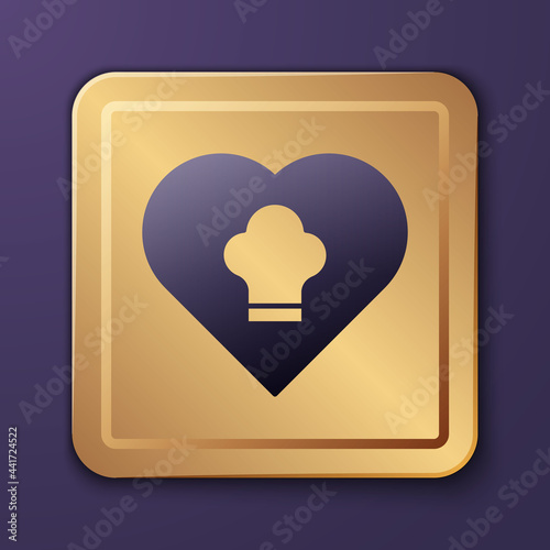 Purple Chef hat icon isolated on purple background. Cooking symbol. Cooks hat. Gold square button. Vector