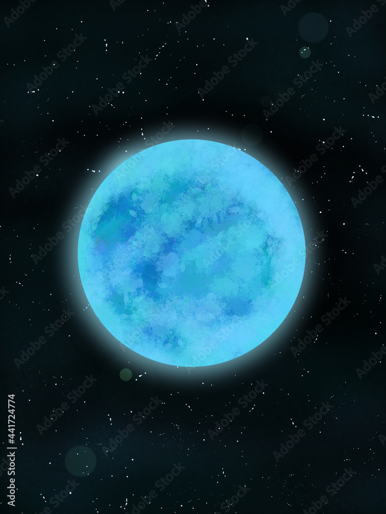 beautiful super full blue moon illustration with stars background.