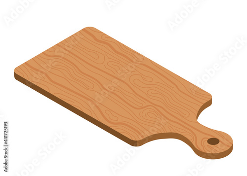 Illustration vector isometric 3D flat design of wooden cutting board for food serving isolated on white background.
